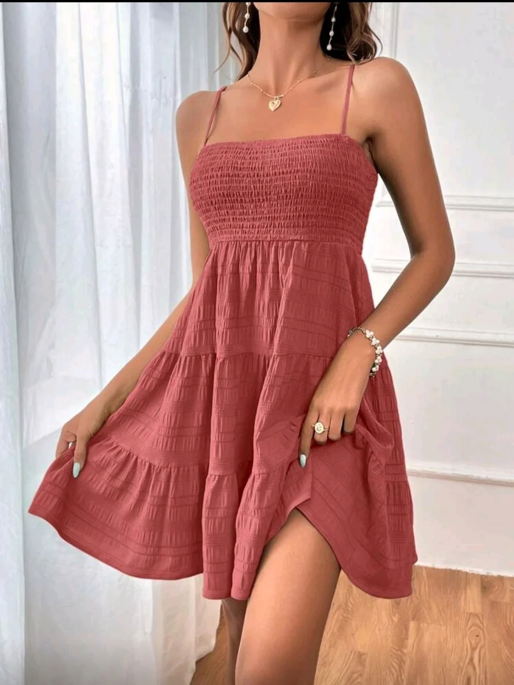 SHEIN Dusty Rose Smocked Tiered Spaghetti Strap Mini Dress - Picture 3 of 15